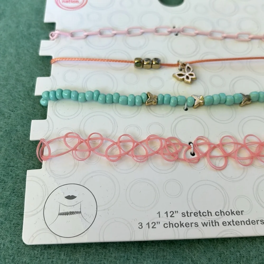 NWT Wonder Nation Pink and Silver Necklace Set 1 12” Stretch Choker 3 Extenders